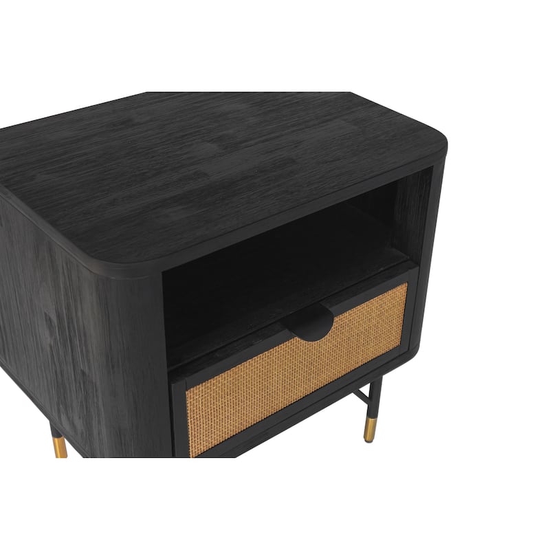 Saratoga Nightstand in Black Acacia with Rattan