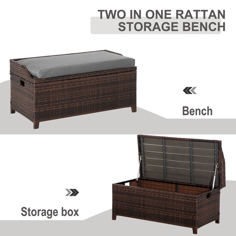 Outsunny PE Rattan Patio Storage Bench with Interior Water-Fighting Cloth Bag & Comfortable White Top Cushion