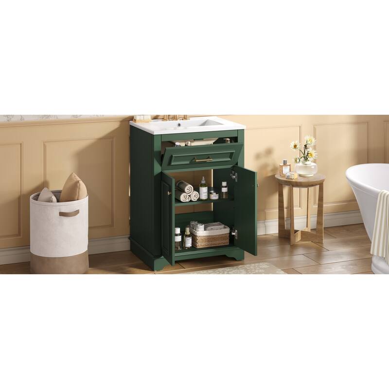 Roomfitters 24 Inch Bathroom Vanity with Integrated Ceramic Sink, Storage Cabinet & Tilt-Down Compartment