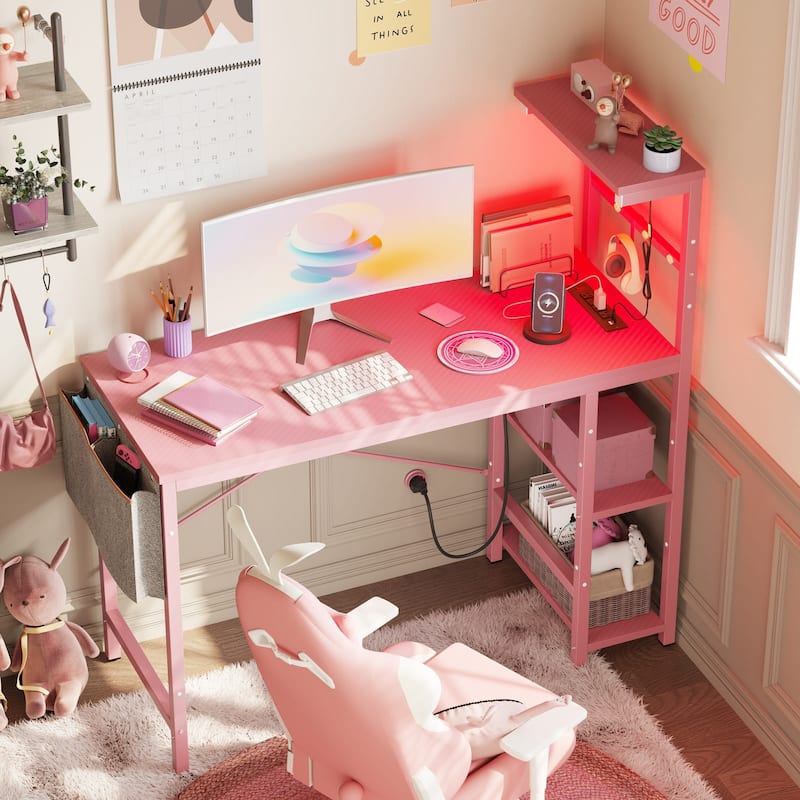 Computer Desk Home Office Desk with LED & Adjustable Shelves - 44.3in with Outlet - Pink