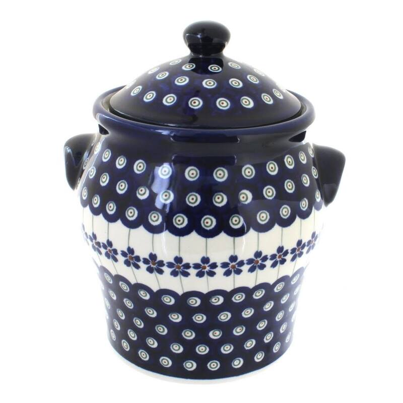 Blue Rose Polish Pottery 1100 Zaklady Large Canister - Flowering Peacock