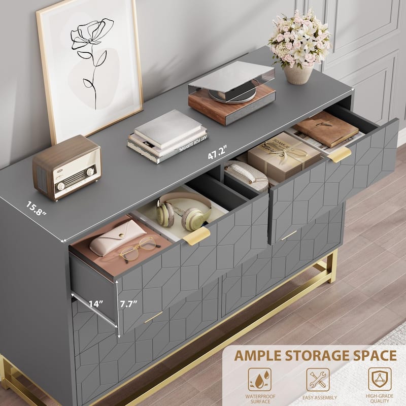 6 Drawer Dresser, with Gold Handles, for TV Stand & Closet