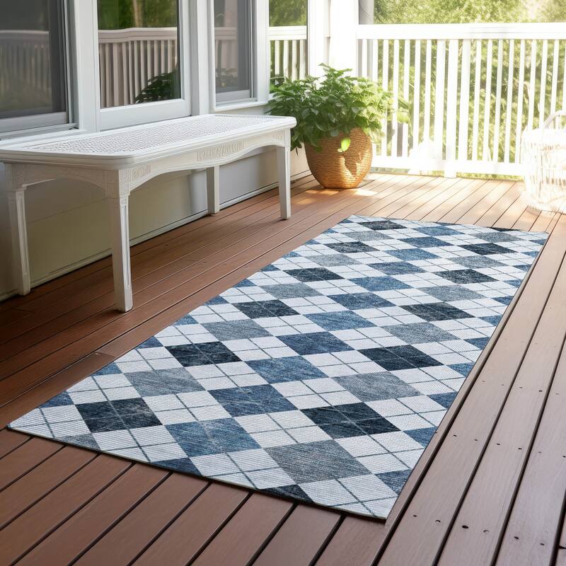 Machine Washable Indoor/ Outdoor Modern Argyle Chantille Rug - Blue - 2'3" x 7'6"