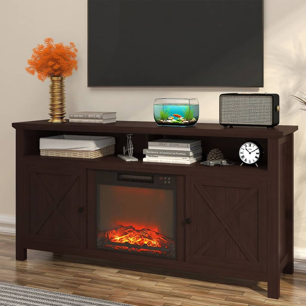 Farmhouse 58 inch TV Stand with 18" Electric Fireplace, Remote Control
