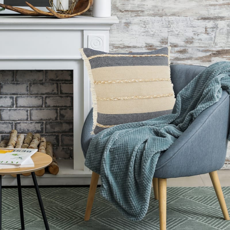 Power-Loomed Braided Stripe Square Throw Pillow Cover - 20" - Beige and Navy Blue