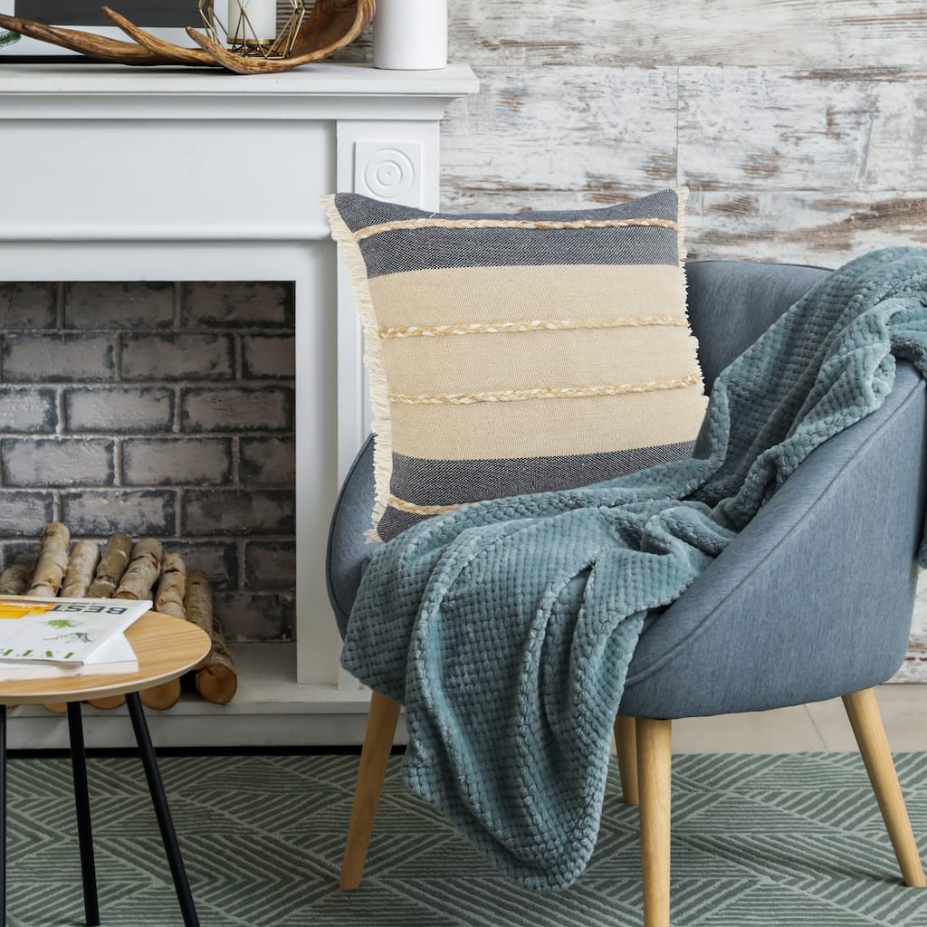 Power-Loomed Braided Stripe Square Throw Pillow Cover - 20" - Beige and Navy Blue