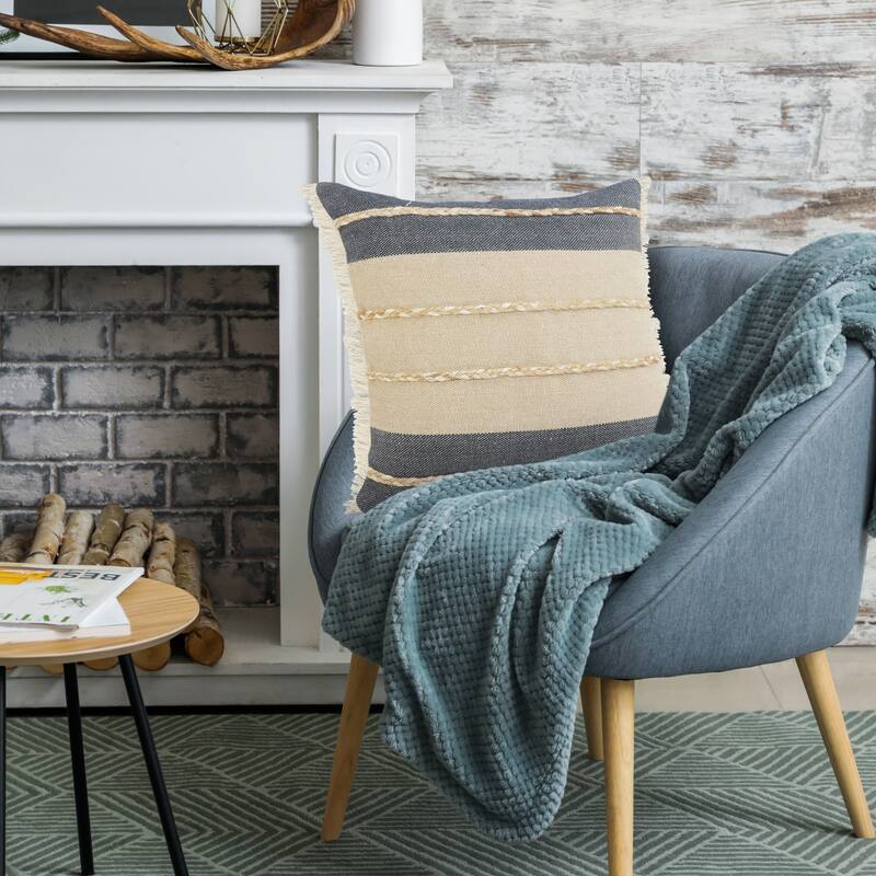 Power-Loomed Braided Stripe Square Throw Pillow Cover - 24" - Beige and Navy Blue