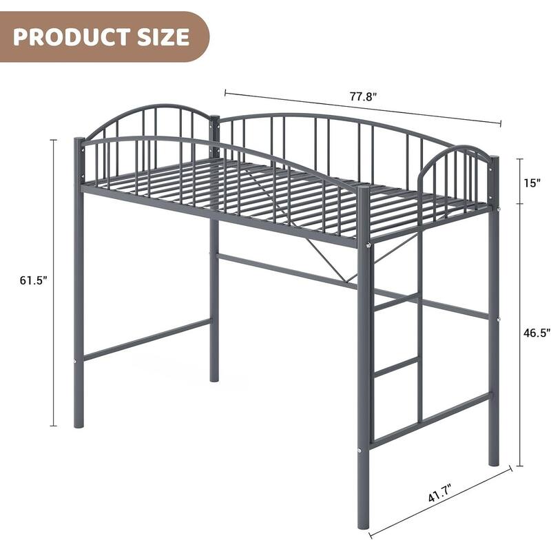 Space-Saving Twin Metal Loft Bed Frame, Safety Ladder, No Box Spring Needed