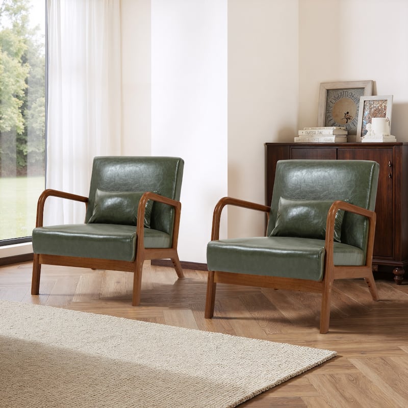 2 Set Mid-Century Modern Faux Leather Accent Chairs with Cushion