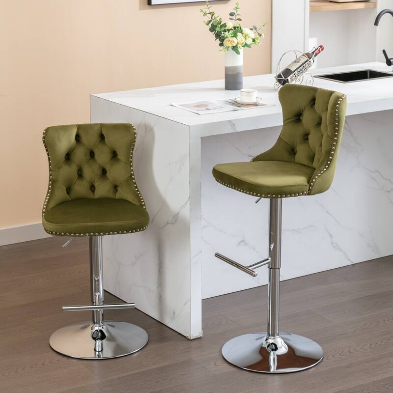 GDF Studio - Modern Upholstered Swivel Velvet Bar Stools with Adjustable Seat Height and Tufted Back (Set of 2) - Olive Green
