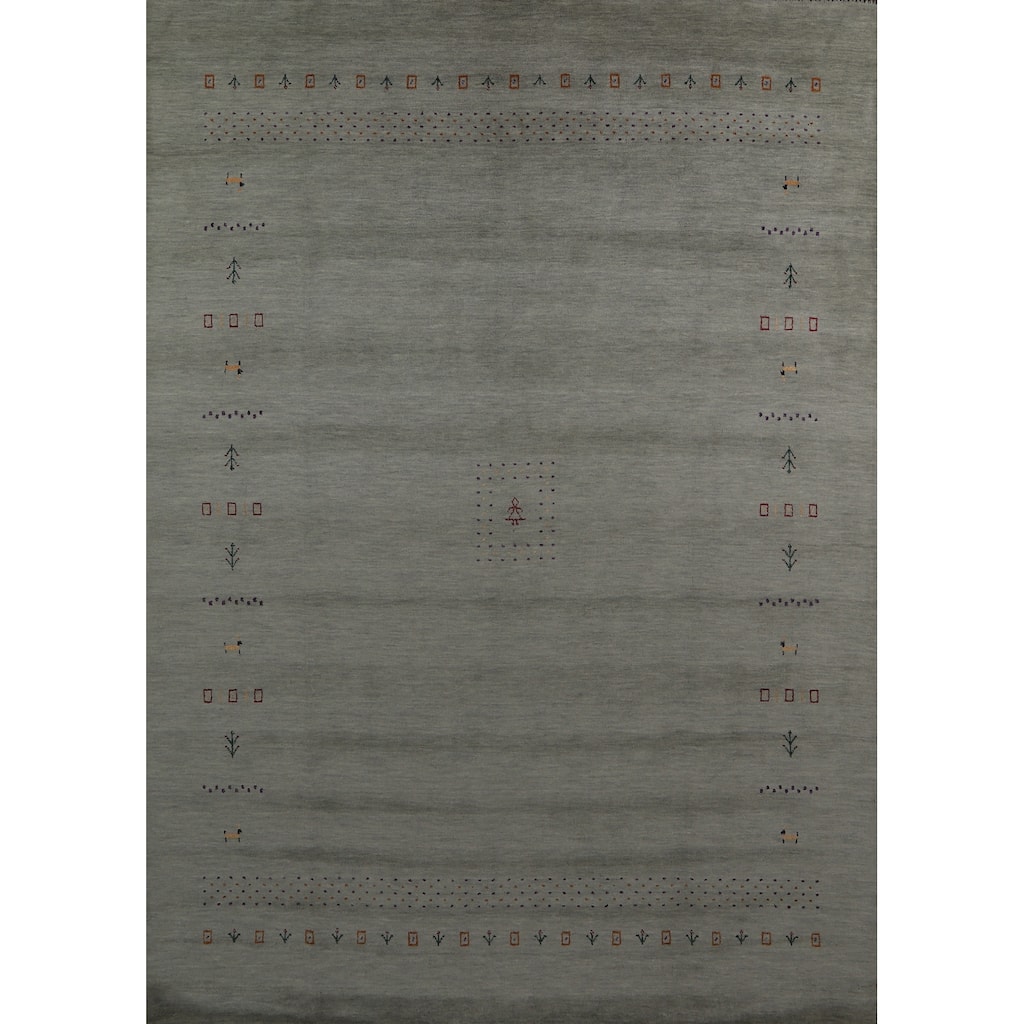 Hand Knotted Oriental 100% Wool Carpet Tribal Animal Pictorial Greys & Charcoal Gabbeh Area Rug - 9' 11'' X 8' 2''
