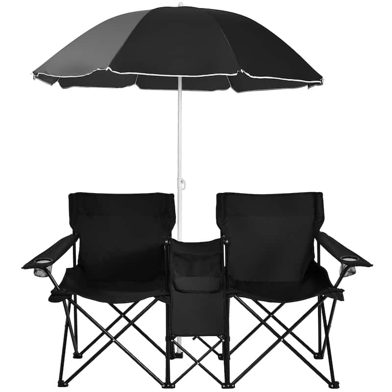 Portable Folding Picnic Double Chair with Umbrella Table Cooler Beach - Black