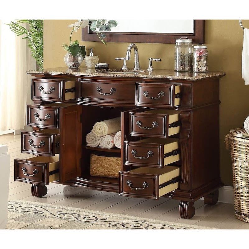 60 inch Antique Style Cherry Wood Hopkinton Bathroom Sink Vanity With Baltic Brown Top