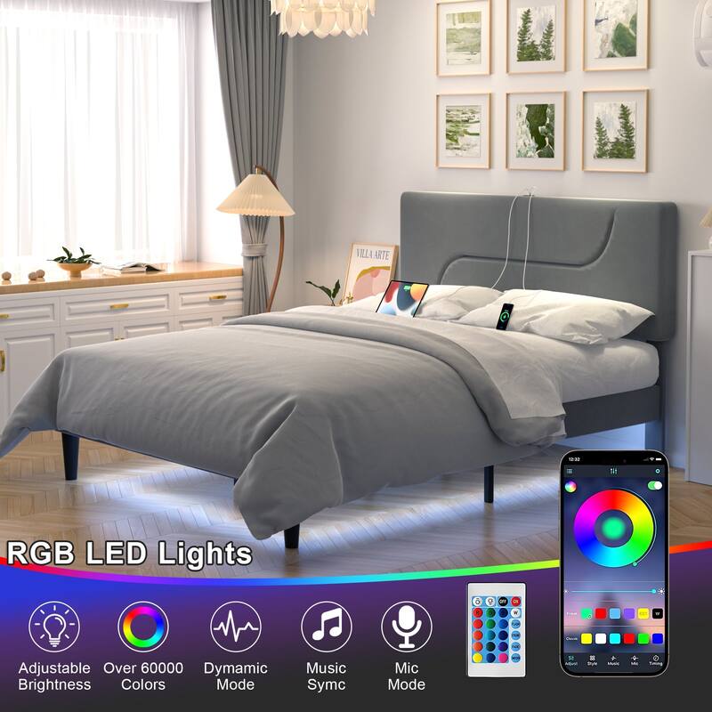 VECELO Platform Bed Frame with Charging Stations and Under Bed LED Lights Strong Wooden Slats Support No Box Spring Needed