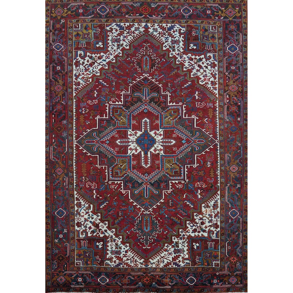 Red Geometric Heriz Serapi Persian Vintage Rug Handmade Wool Carpet - 7'5" x 9'11"