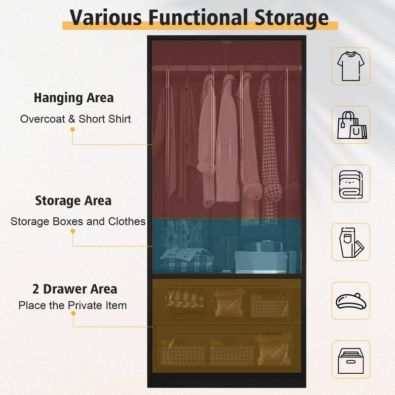 69" Wooden Armoire Wardrobe Closet with Drawers, Modern Bedroom Storage Cabinet with Hanging Rod