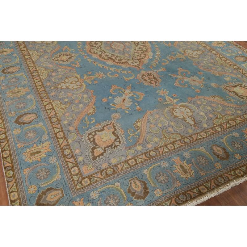 Blue Tabriz Persian Vintage Rug Hand-Knotted Traditional Wool Carpet - 8'6"x 11'10"