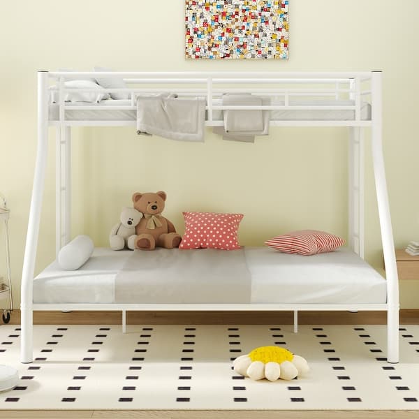 slide 2 of 9, Twin XL-Queen Metal Bunk Bed with Ladder and Guardrails - White White - Queen