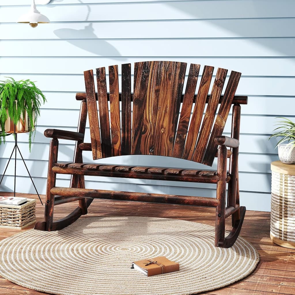2-Person Outdoor Adirondack Rocker with High Back Slatted Seat