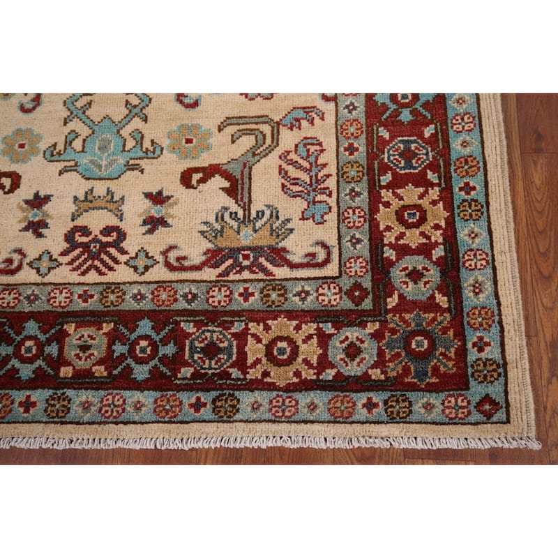 Geometric Kazak Rug Hand-Knotted Oriental Wool Carpet - 3'7" x 4'11"