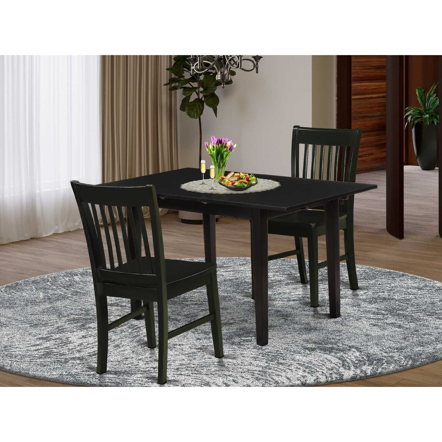 HomeStock 3-Pc Black Finish Rectangular Solid Wood Top with Butterfly Leaf Dining Table Set