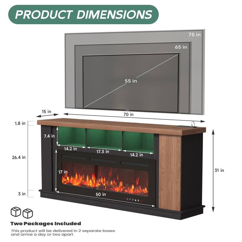 Traditional 70" TV Stand with 50" Electric Fireplace, Light Strips, Sockets, Open Shelves, and Cabinets for TVs up to 80"