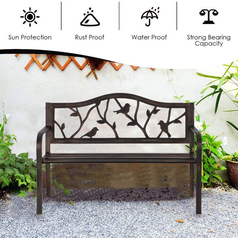 MAISON ARTS Garden Bench Bronze Cast Iron Steel Frame 50 Inch Adorable Birds Pattern