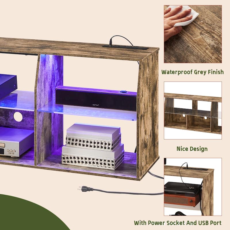 VECELO TV Stand with LED Light, Industrial Entertainment Center with 7 Open Storage