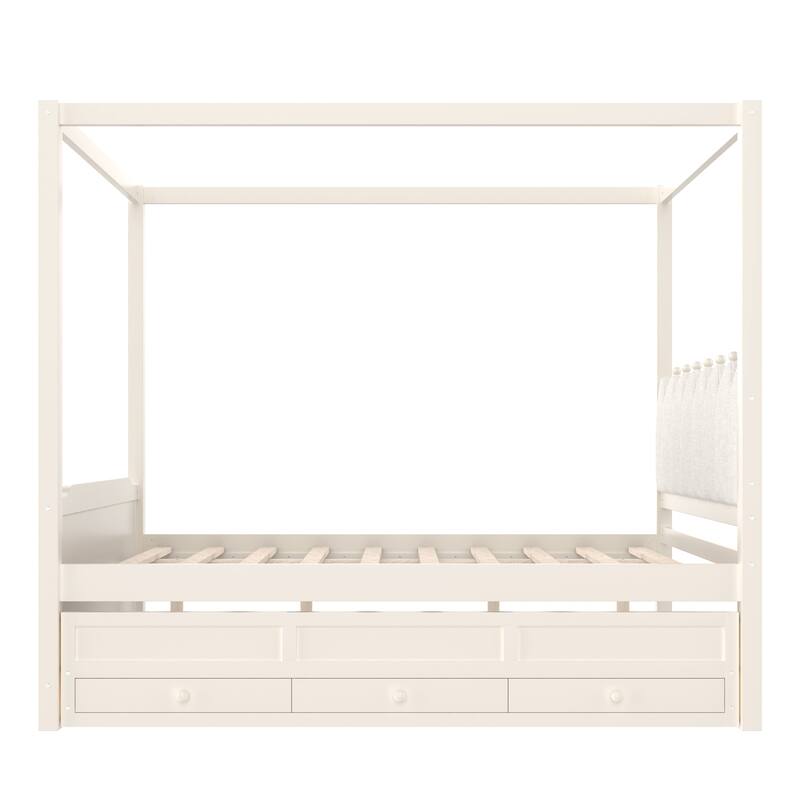 Roomfitters Canopy Bed with Trundle and Drawers, Upholstered Crown Headboard, Solid Wood Frame