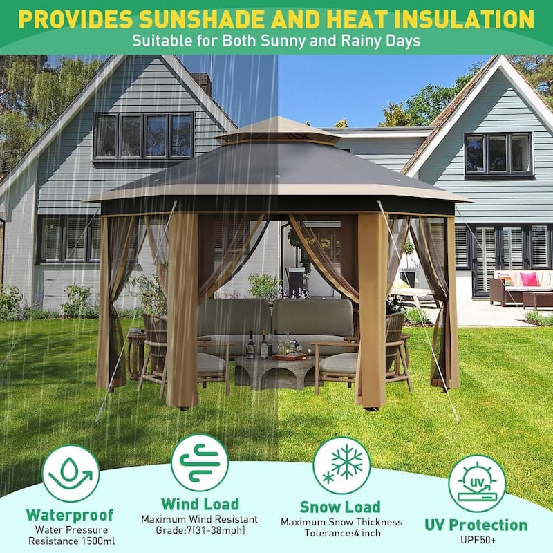 13' x 13' Hexagonal Pop Up Gazebo Canopy Shelter for Backyard, Garden, Lawn - 13' x 13'