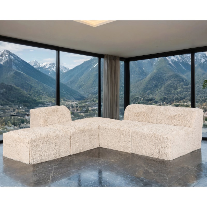 Furniture of America Ylena Modern 5-Piece Faux Fur Foam Modular Armless Compressed Sectional Sofa with Ottoman - Sand