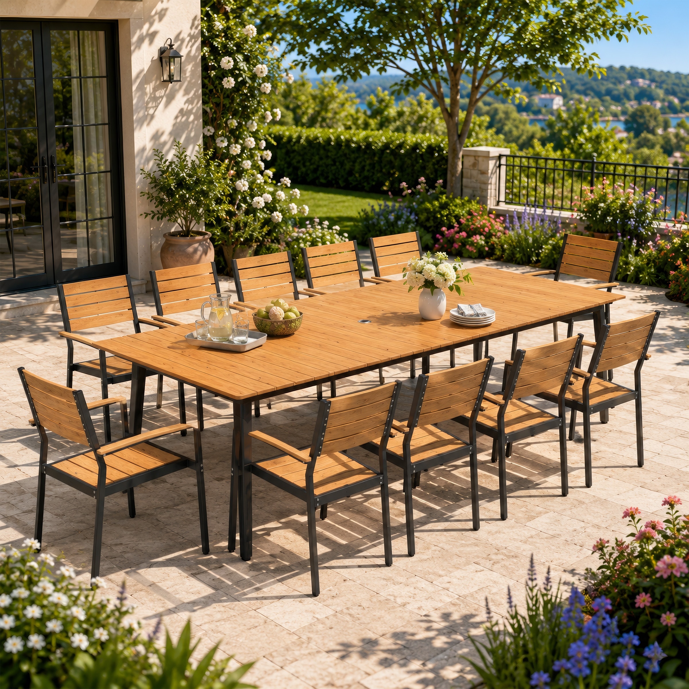 7/9/11-Piece Outdoor Aluminum Patio Dining Set Dining table with Umbrella Hole and Stackable Chairs