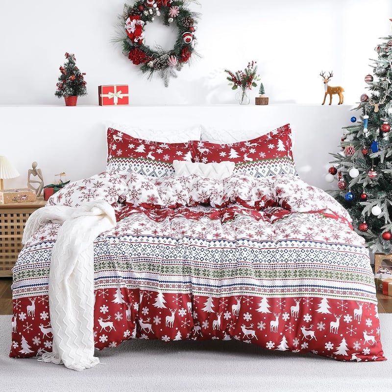 Boho Holiday Christmas Duvet Cover and Pillow Shams Set, Bedding Set - Queen