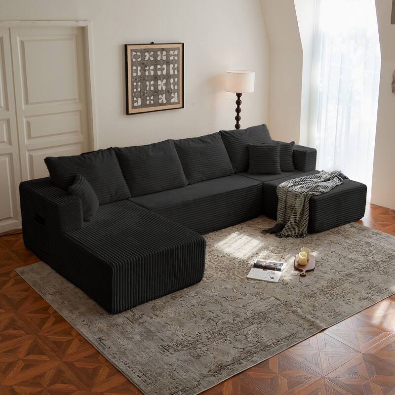 Corduroy Modular Sectional Sofa with Ottoman, U Shaped Upholstered Couch