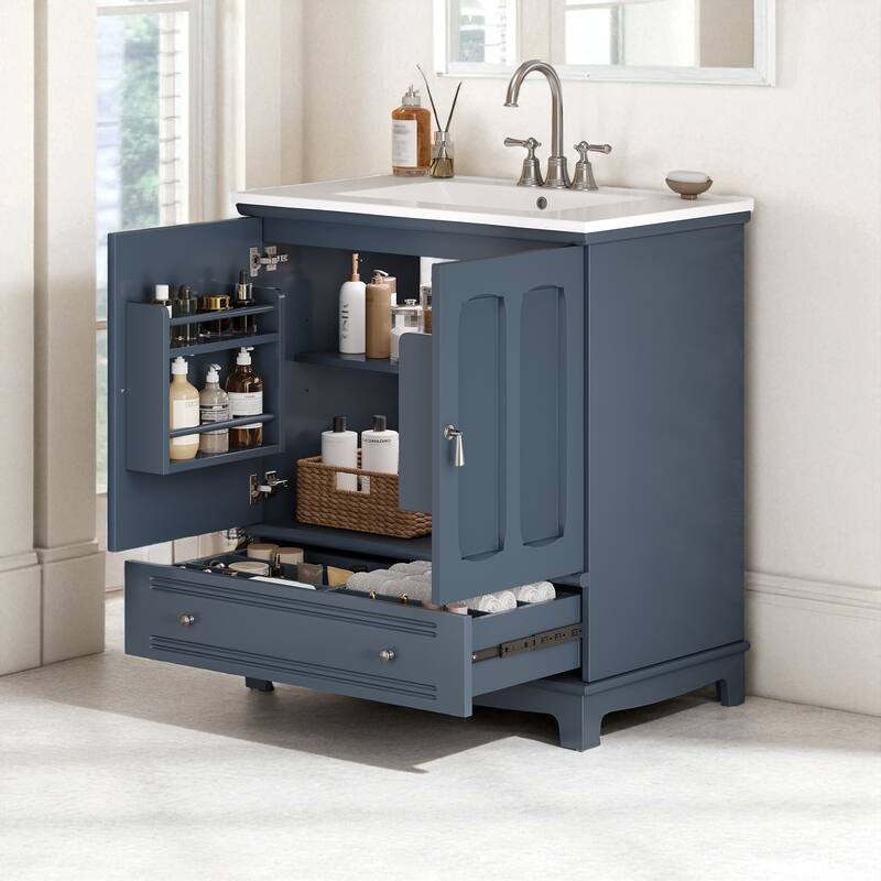30" Bathroom Vanity with Integrated Ceramic Sink, Adjustable Shelf, Drawer with Divider and Solid Wood Frame