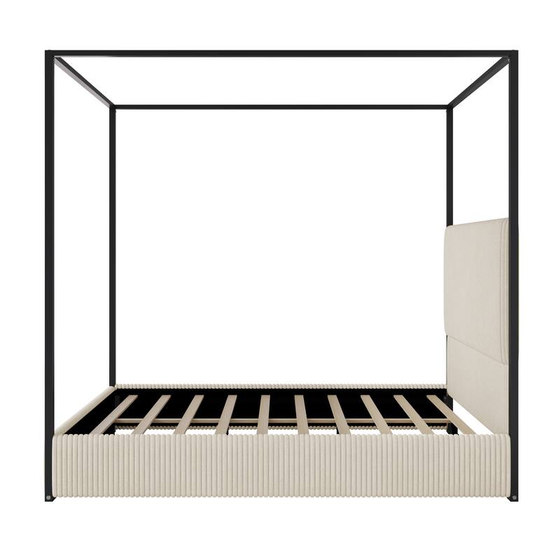 Modern Luxury Metal Canopy Bed with Tall Upholstered Headboard & Four Poster