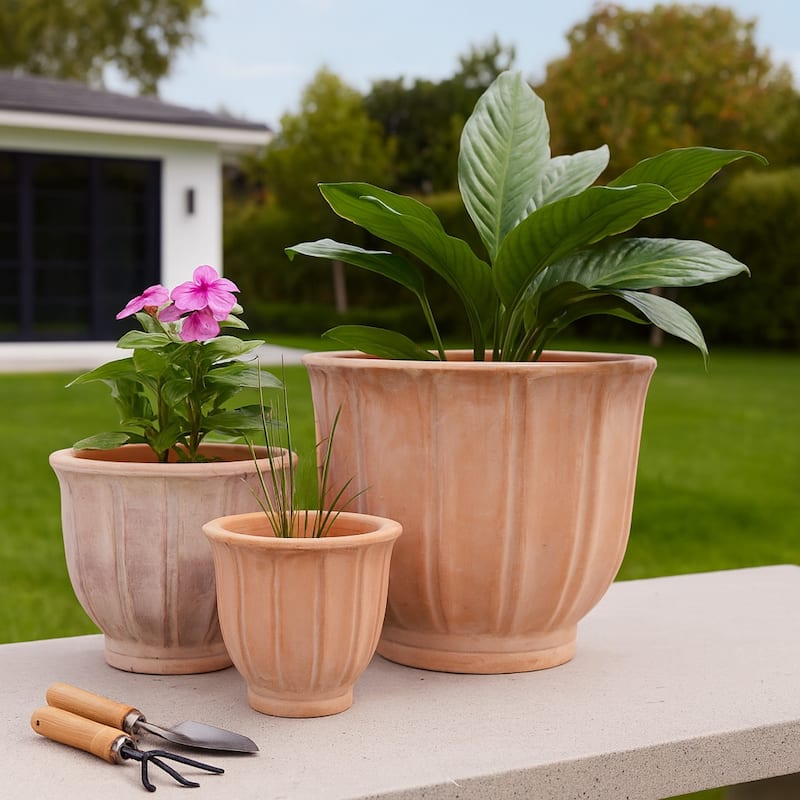 Fluted Ceramic Flower Pots and Planters - Set of 3, 15", 12", 9" - 15.0" - Red/ Orange