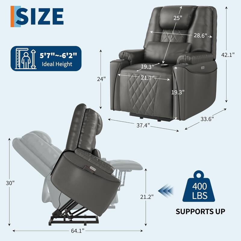 Power Lift Recliner Chair Sofa, PU Leather Reclining with Charging Ports, Cup Holders