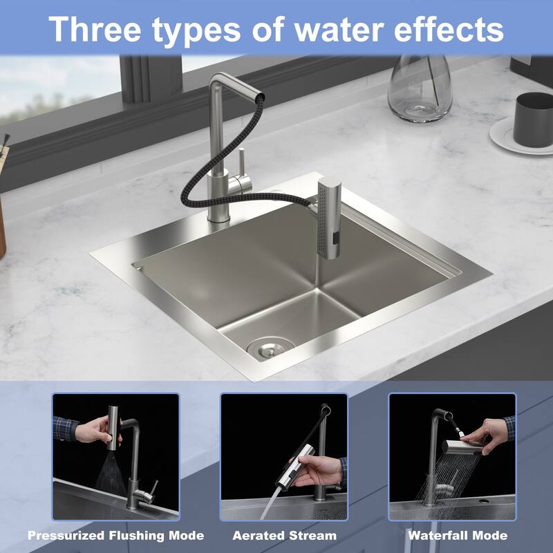 21 Inch Drop-in Single Bowl 16 Gauge Stainless Steel Kitchen Sink with Pull-Out Faucet in Brushed Nickel - 21'' x 20'' x 9''