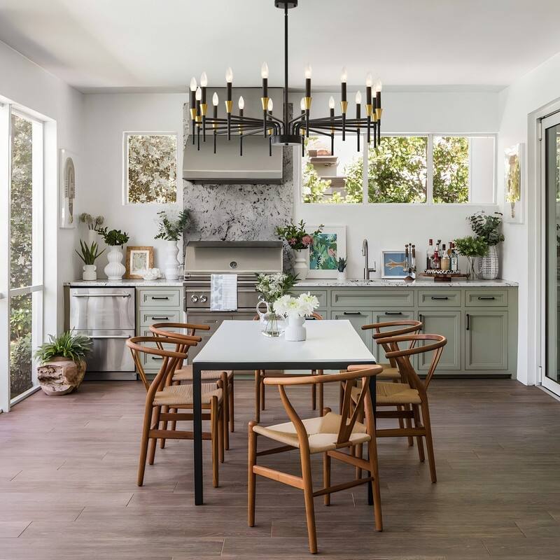 Black & Gold Modern Farmhouse Chandelier Rustic Ceiling Light Dimmable E12 Candle-Style Pendant Lighting Fixture