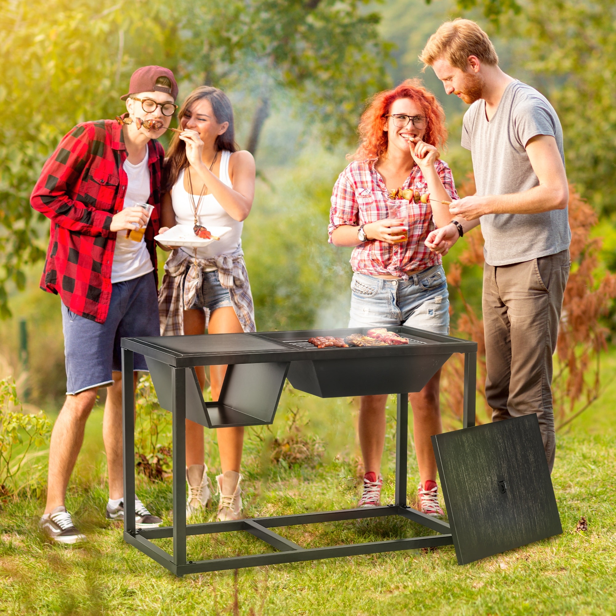 Outsunny 4-in-1 Fire Pit, BBQ Grill, Ice Bucket Cooler, Garden Table, with Cooking Grate, Log Grate and Waterproof Cover