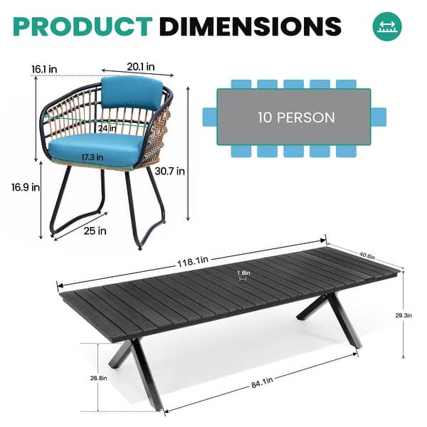 dimension image slide 2 of 3, VredHom 11PC Outdoor Patio Aluminum X-Frame Dining Set Table with Rattan Chairs