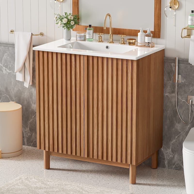 30.1'' Freestanding Bathroom Vanity in Wood with Integrated Ceramic Sink and Solid Wood Legs - 29.9'' x 18.3'' x 34''
