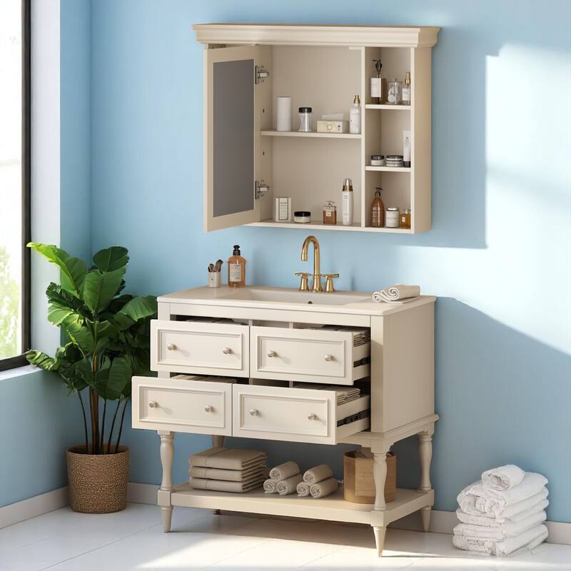 36"" Bathroom Vanity with Ceramic Sink and Medicine Cabinet, 4 Drawers, Storage Shelf, Solid Wood Frame,Bathroom Cabinet Set