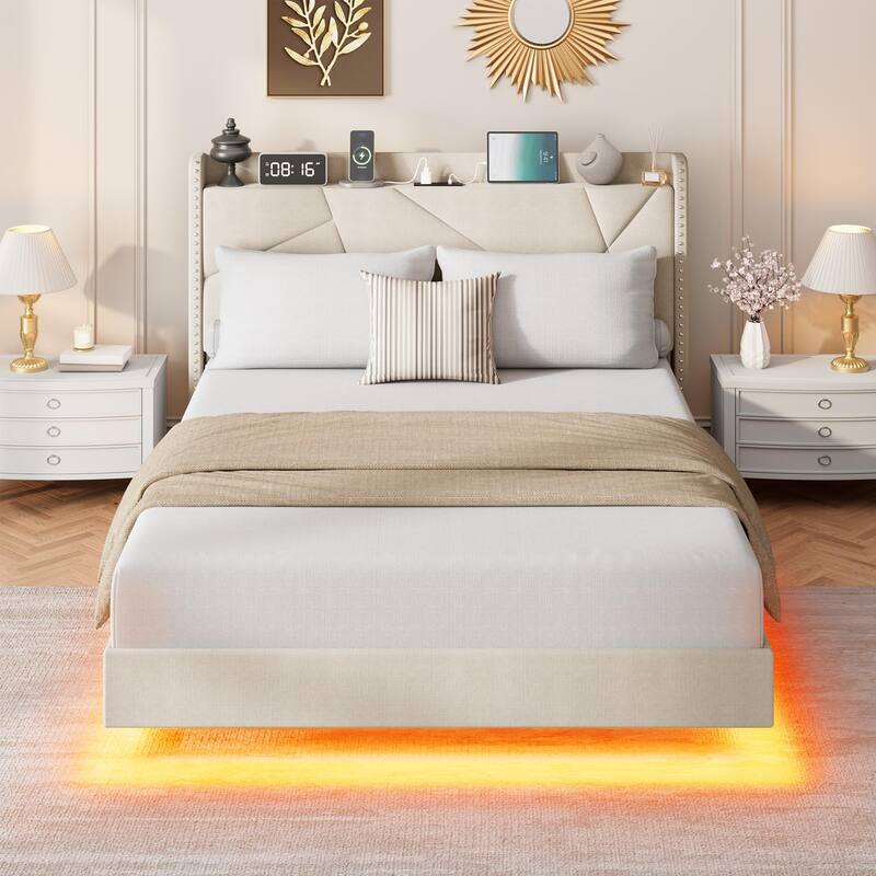 Full/Queen Floating Bed Frame with LED Lights & Charging Station, Upholstered Platform Beds with Storage Headboard