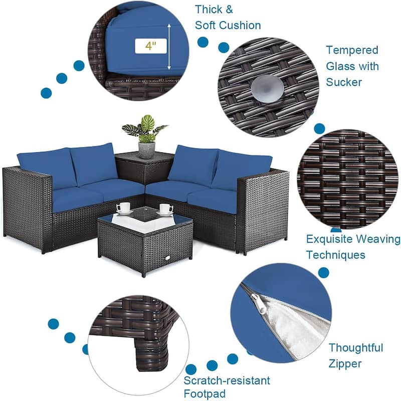 4 PCS Sectional Sofa Set Conversation Set w/ Coffee Table Storage Box