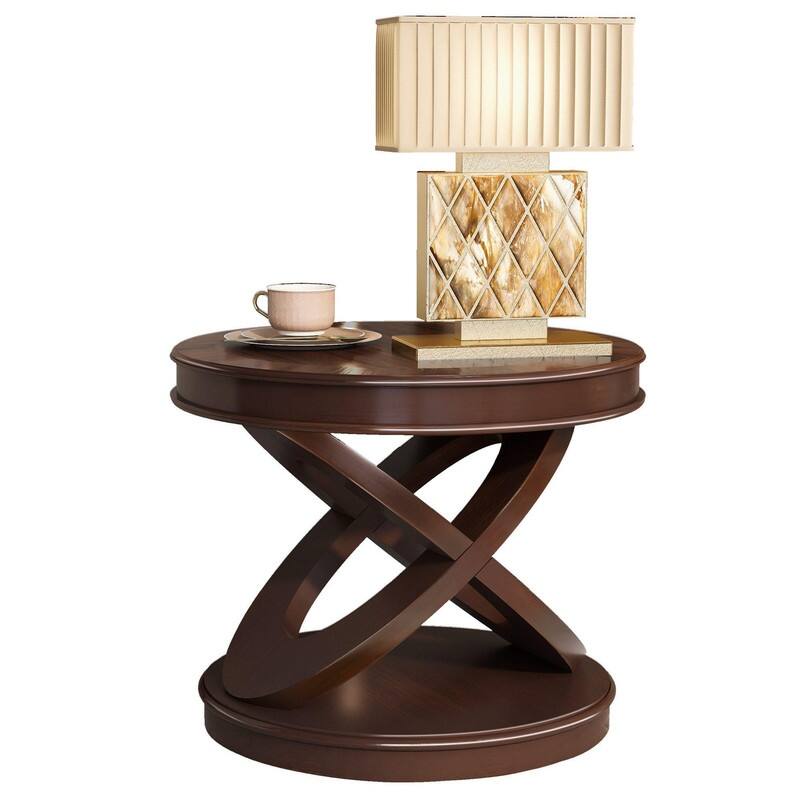 Retro Round Solid Wood End Table with X-Shape Base for Living Room Use
