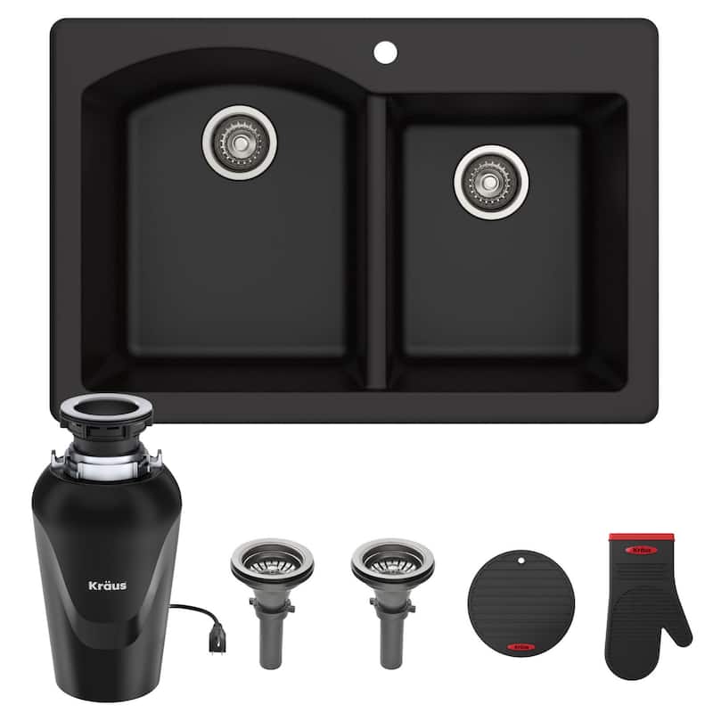 KRAUS Forteza Granite 33 inch 60/40 Undermount Drop-in Kitchen Sink - Black - 33" x 22" (sink KGD-50BLACK) w/ Garbage Disposal