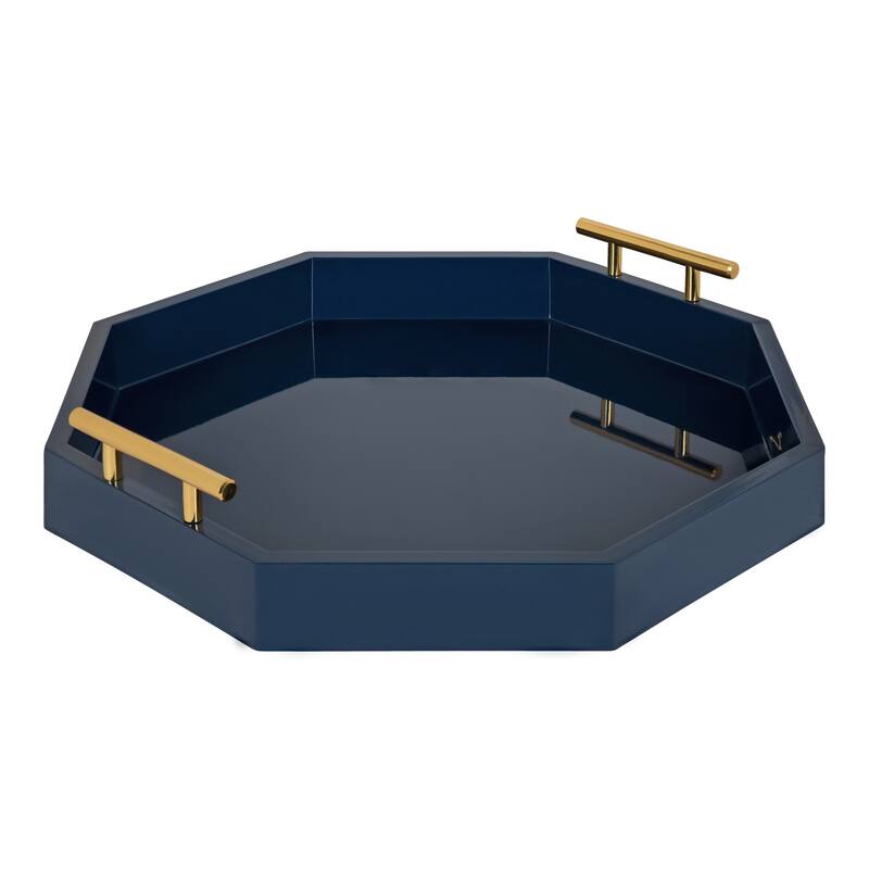 Kate and Laurel Lipton Octagon Decorative Tray with Metal Handles - 18x18 - Navy Blue