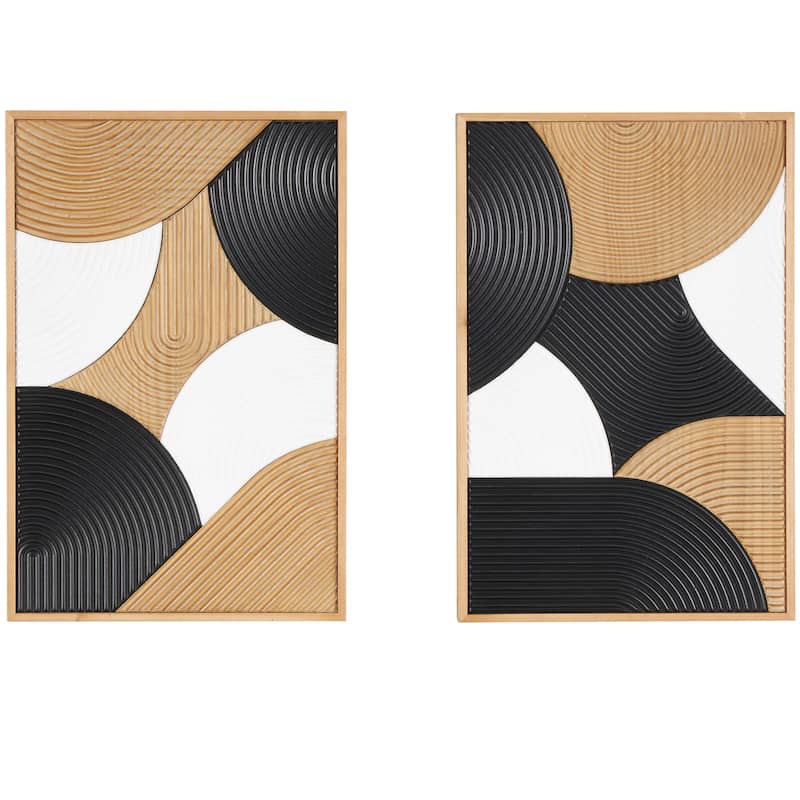 Brown Wooden Geometric Home Wall Decor with Black and White Round Forms (Set of 2)